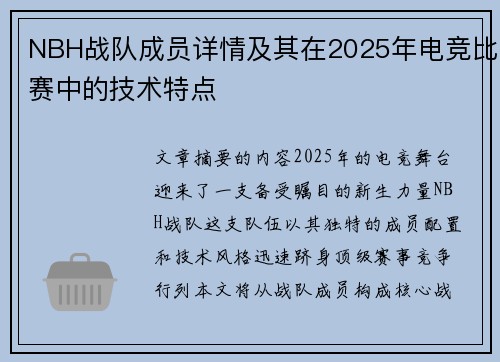 NBH战队成员详情及其在2025年电竞比赛中的技术特点