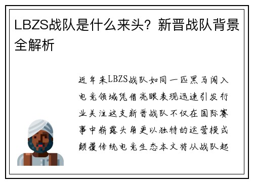 LBZS战队是什么来头？新晋战队背景全解析