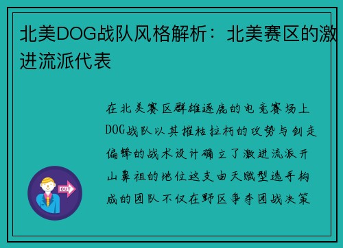 北美DOG战队风格解析：北美赛区的激进流派代表